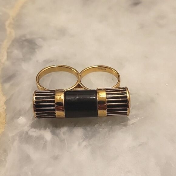 NEW Rachel Zoe Art Deco Multi Finger Barrel Statment Ring 14kt Gold Black Sz 7 8 - Picture 2 of 4